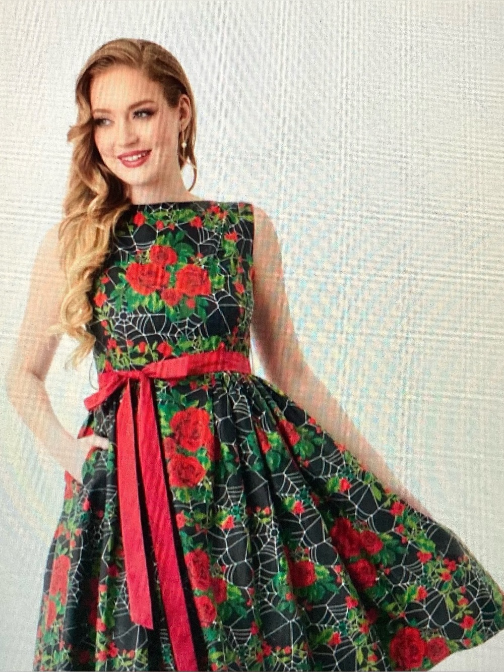 Unique Vintage Gothic Roses Sleeveless Cotton Swing Dress